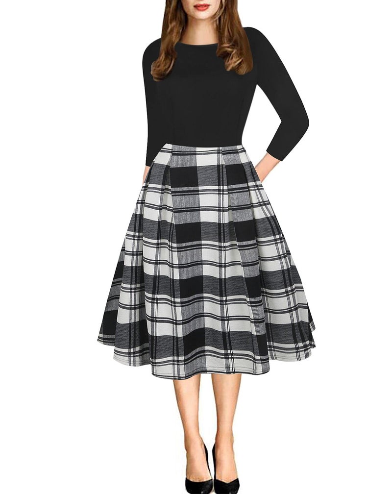 oxiuly Women's Classic Plaid Patchwork Vintage Dress Elegant Work Midi Party Casual Dresses with Pockets OX165 (Black Plaid P7, s) - Image 1